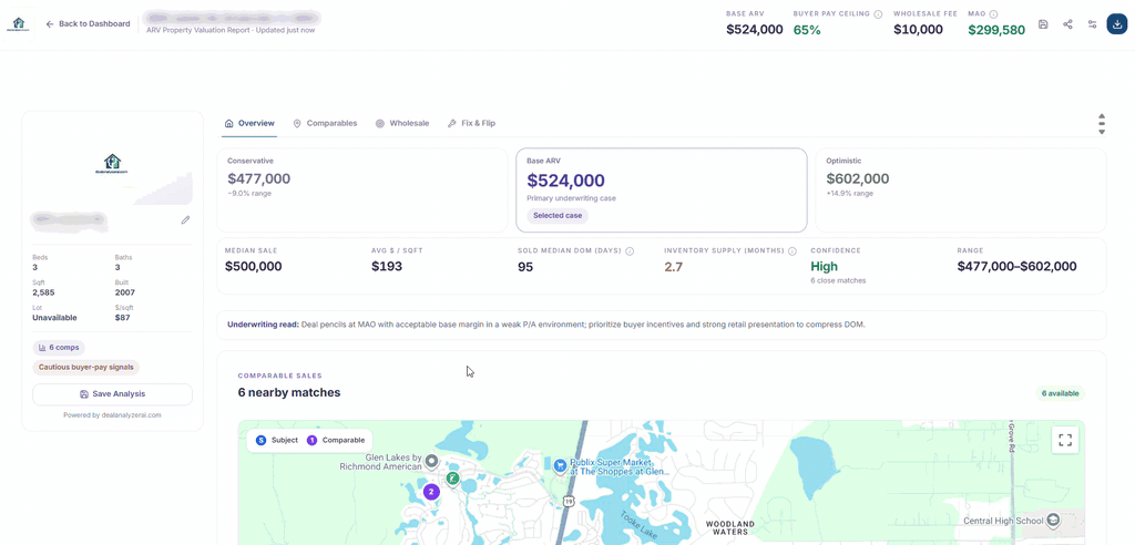 DealAnalyzerAI overview report showing an ARV range, comparable sales, and a map